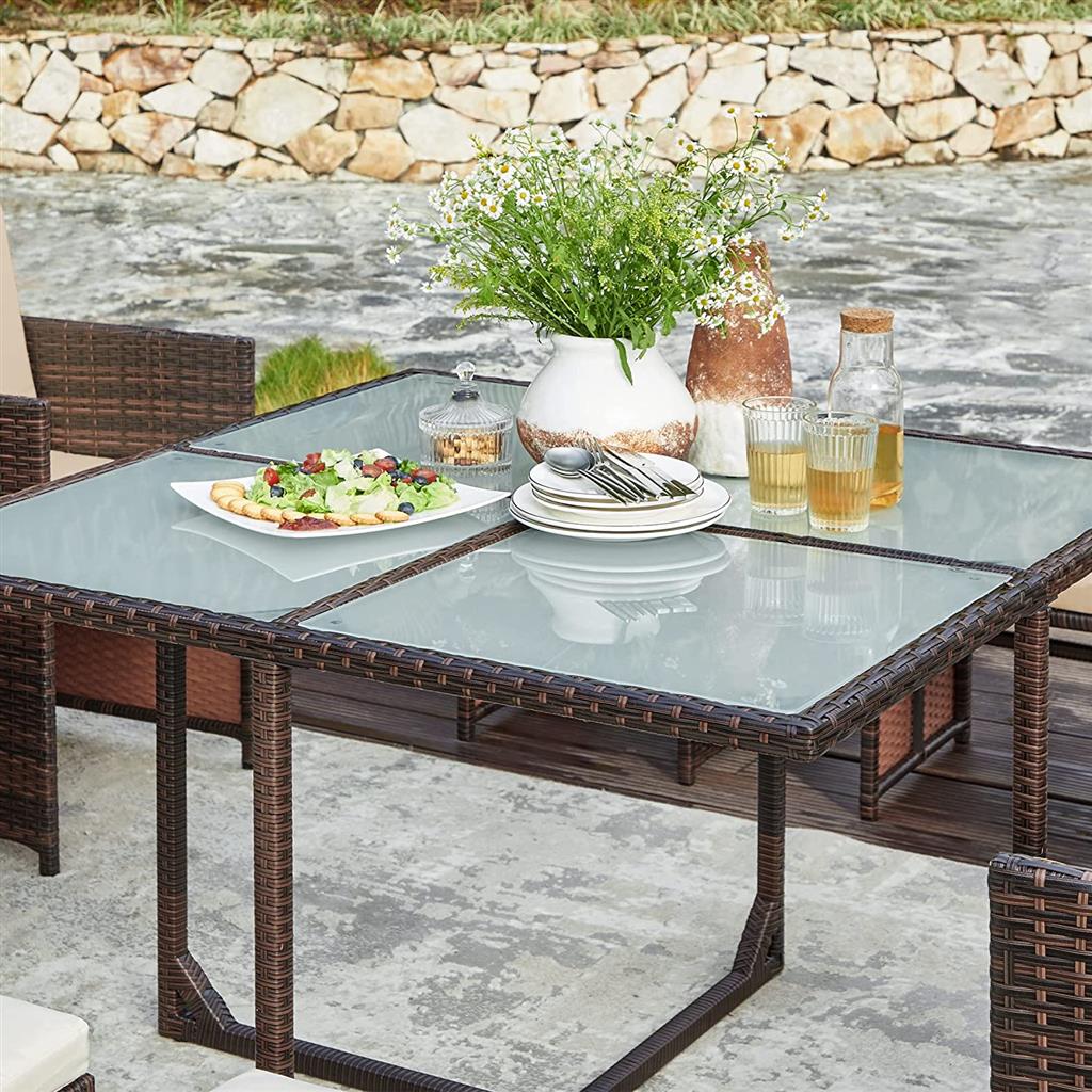 Outdoor Patio Furniture Set – PE Rattan – Black and Beige – Includes Dining Table, Chairs, and Cushions
