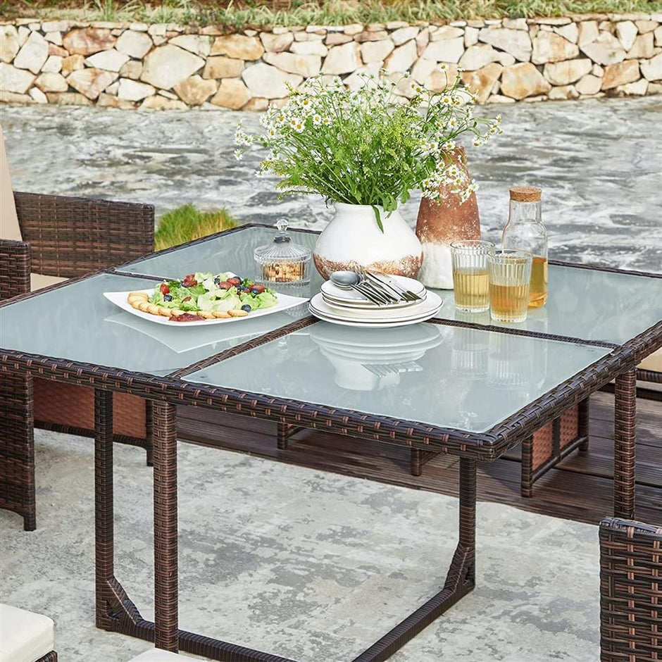 Outdoor Patio Furniture Set – PE Rattan – Black and Beige – Includes Dining Table, Chairs, and Cushions