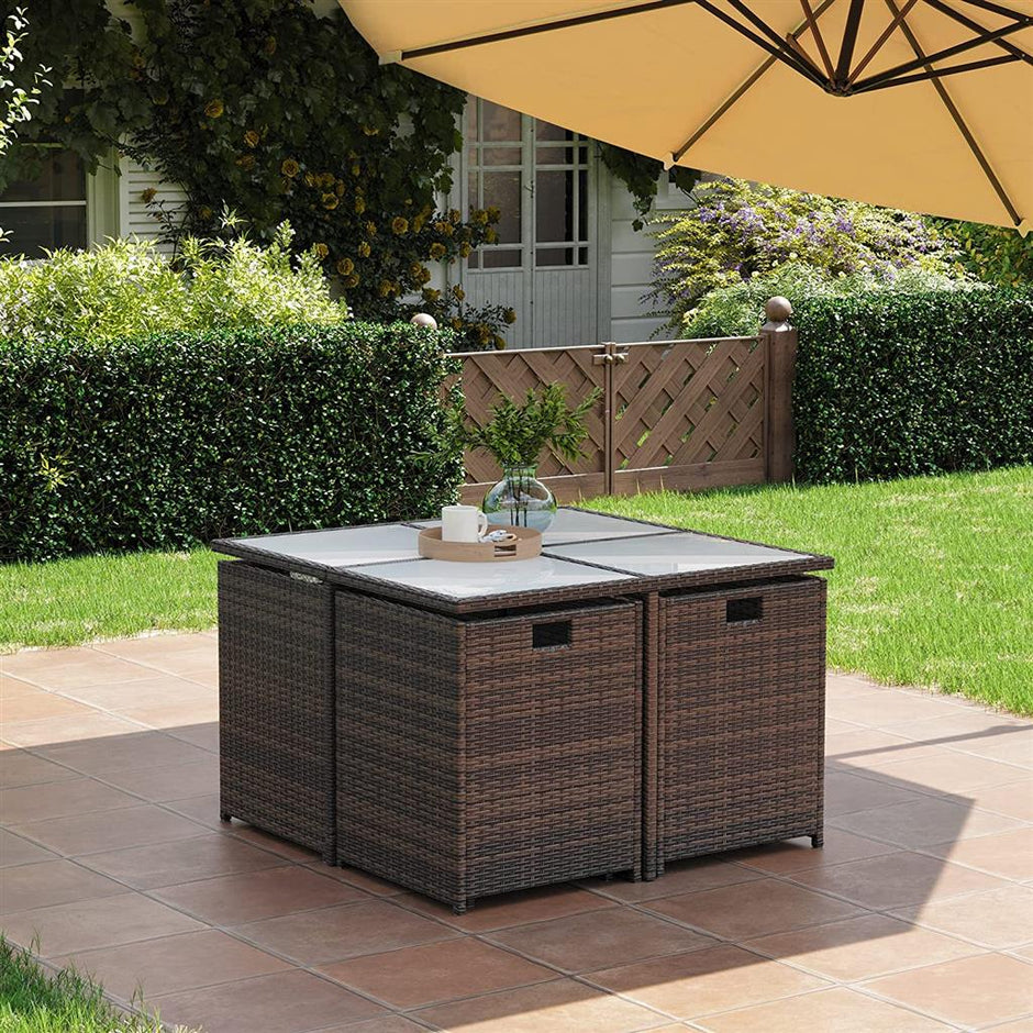 Outdoor Patio Furniture Set – PE Rattan – Black and Beige – Includes Dining Table, Chairs, and Cushions