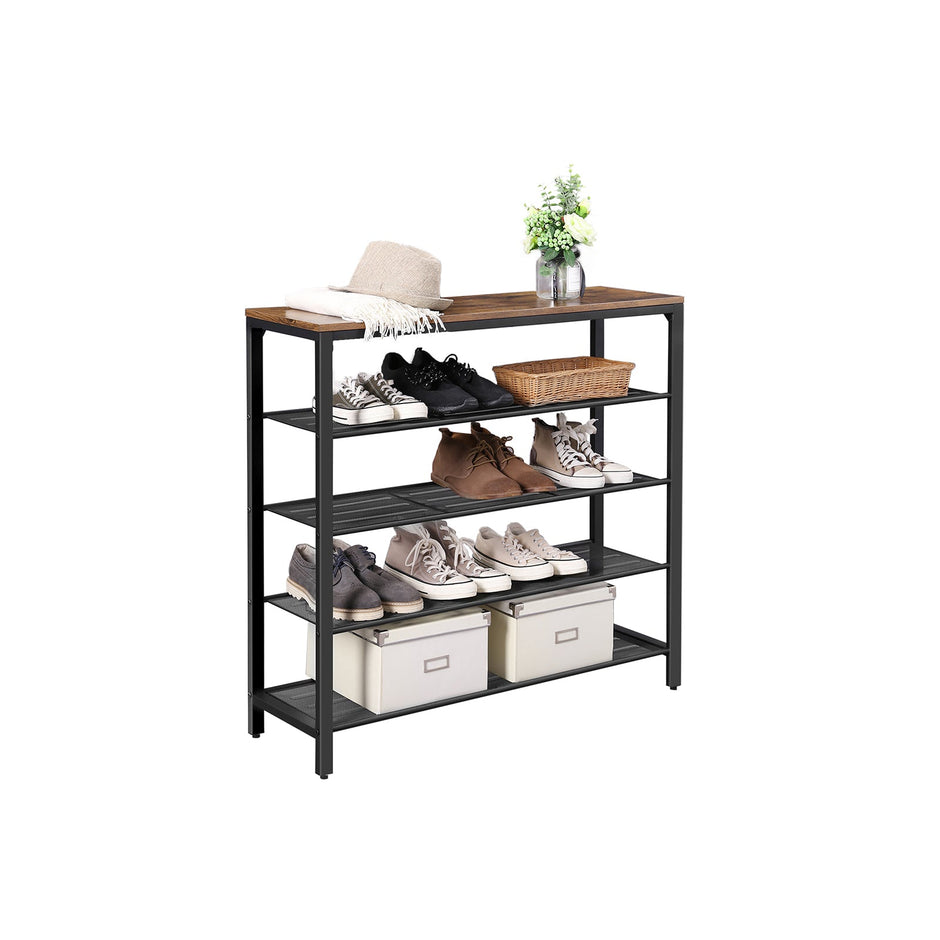 Shoe Storage Organizer – Metal – Rustic Brown – 4 Mesh Shelves with Large Surface for Bags