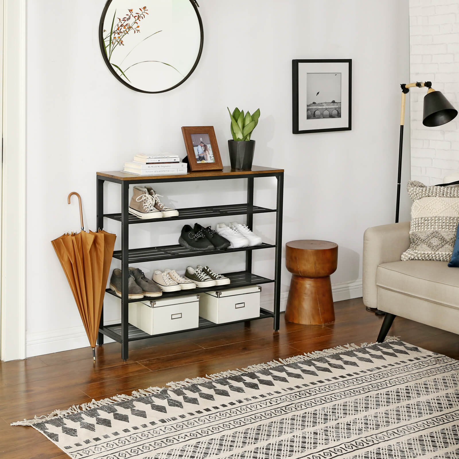Shoe Storage Organizer – Metal – Rustic Brown – 4 Mesh Shelves with Large Surface for Bags
