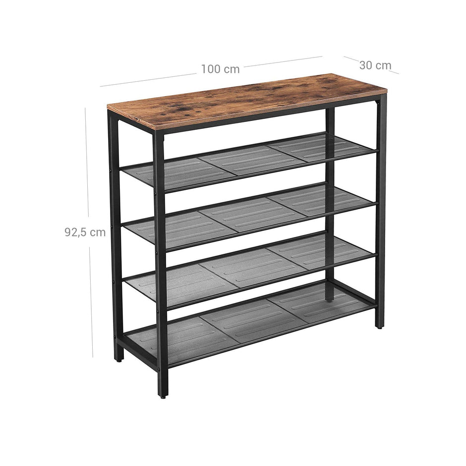 Shoe Storage Organizer – Metal – Rustic Brown – 4 Mesh Shelves with Large Surface for Bags