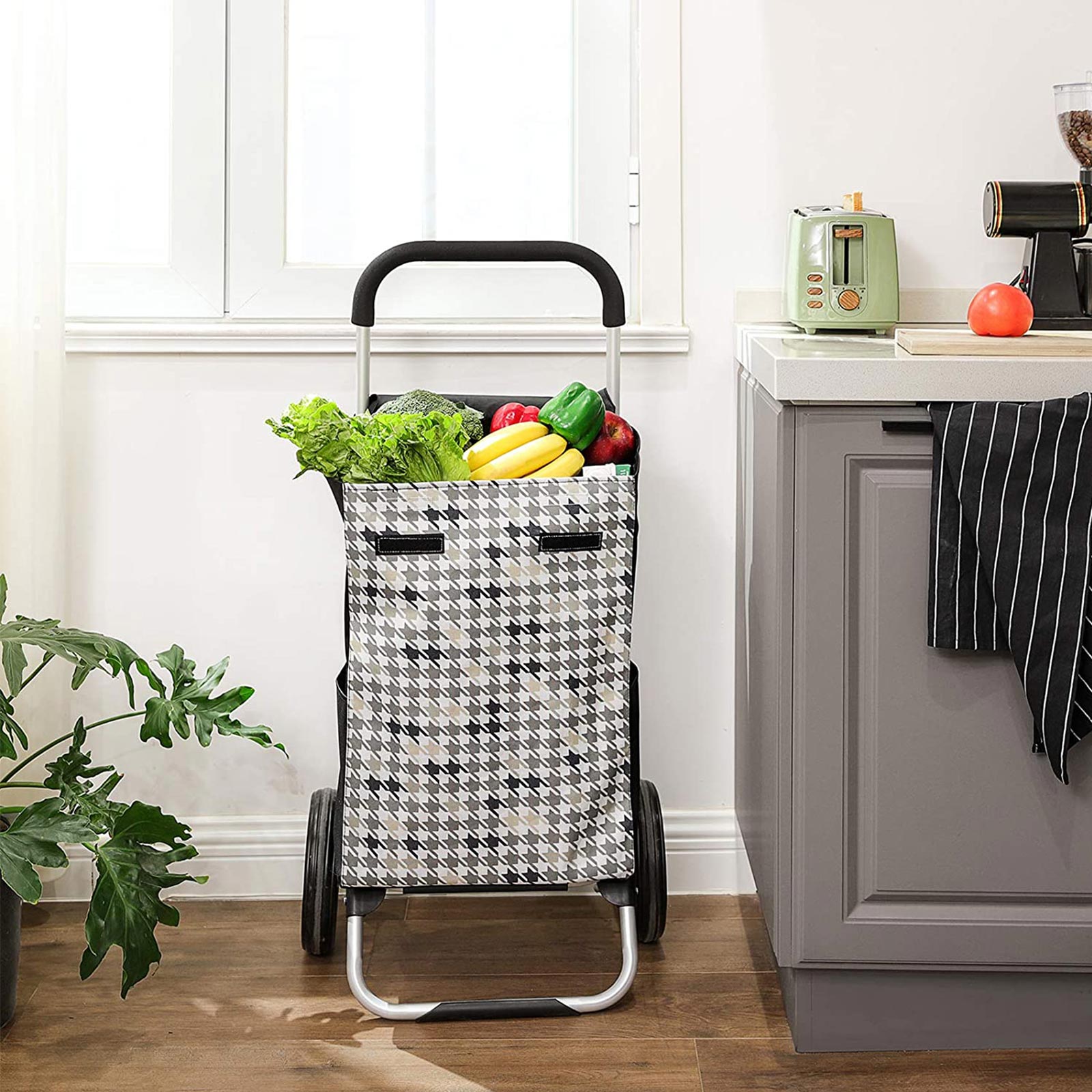 Shopping Trolley – Fabric – Black Houndstooth – 40L Load Capacity with Pockets and Silent Wheels