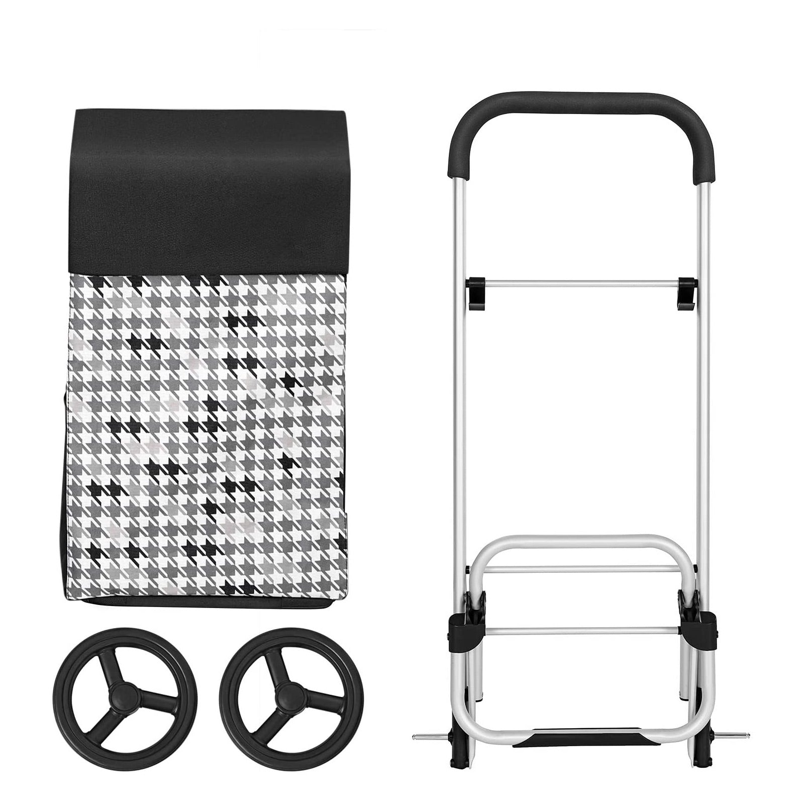 Shopping Trolley – Fabric – Black Houndstooth – 40L Load Capacity with Pockets and Silent Wheels