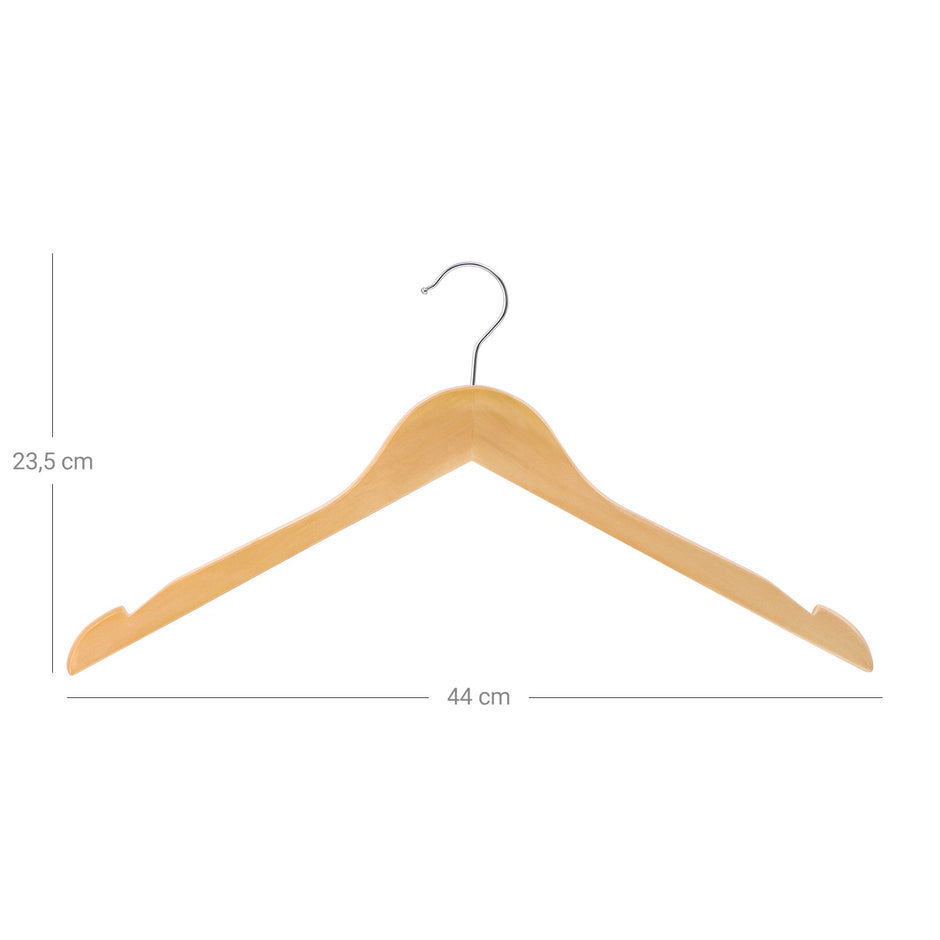 Wooden Coat Hangers – Natural Finish – 44 cm Wide – Shoulder Notches – 20 Pack
