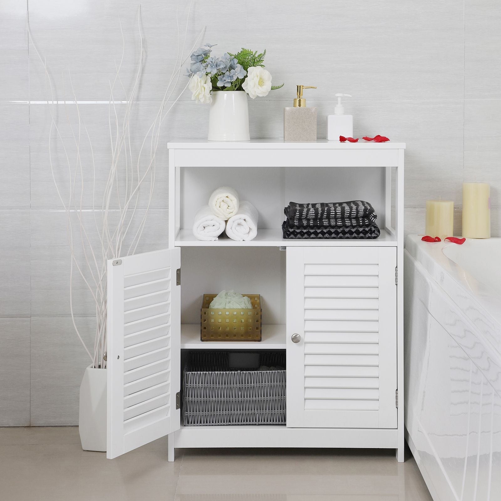 Bathroom Floor Cabinet – Wood – White – Free Standing with Double Shutter Doors