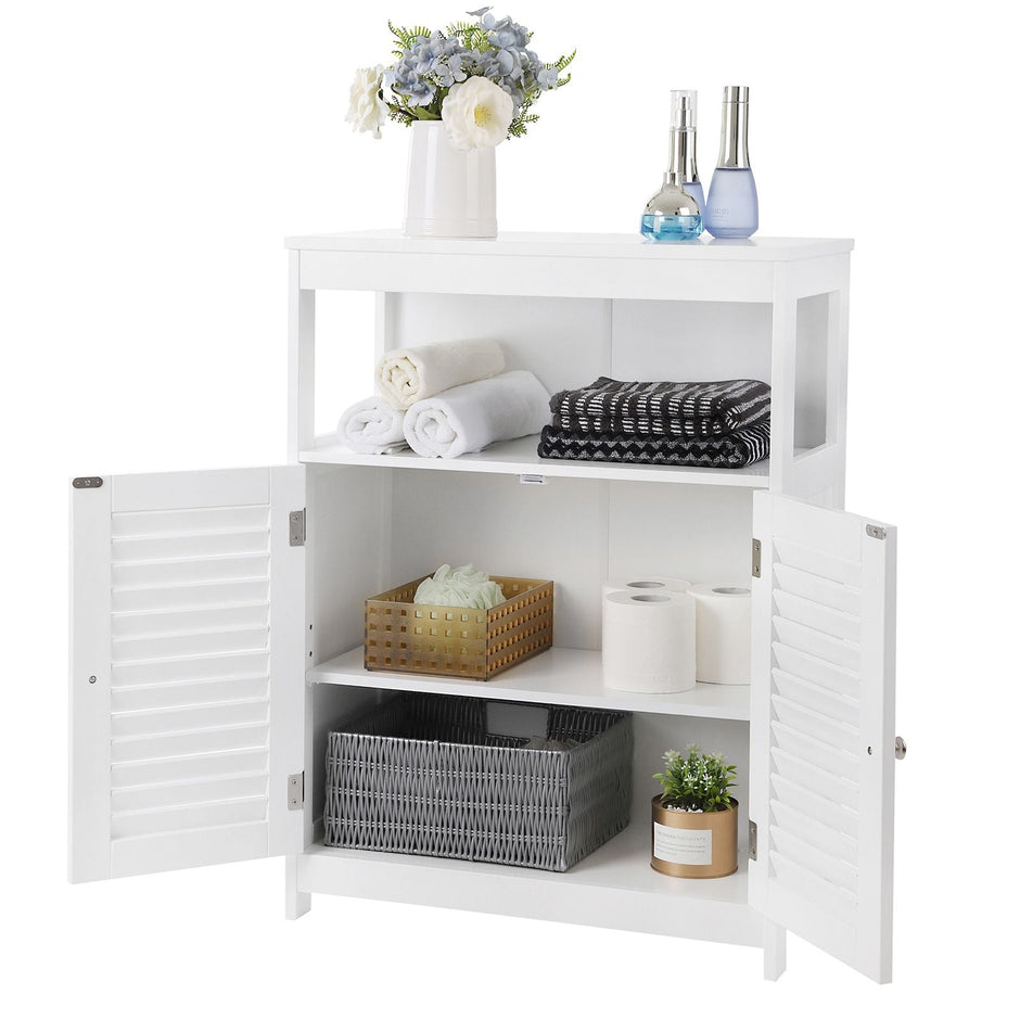 Bathroom Floor Cabinet – Wood – White – Free Standing with Double Shutter Doors