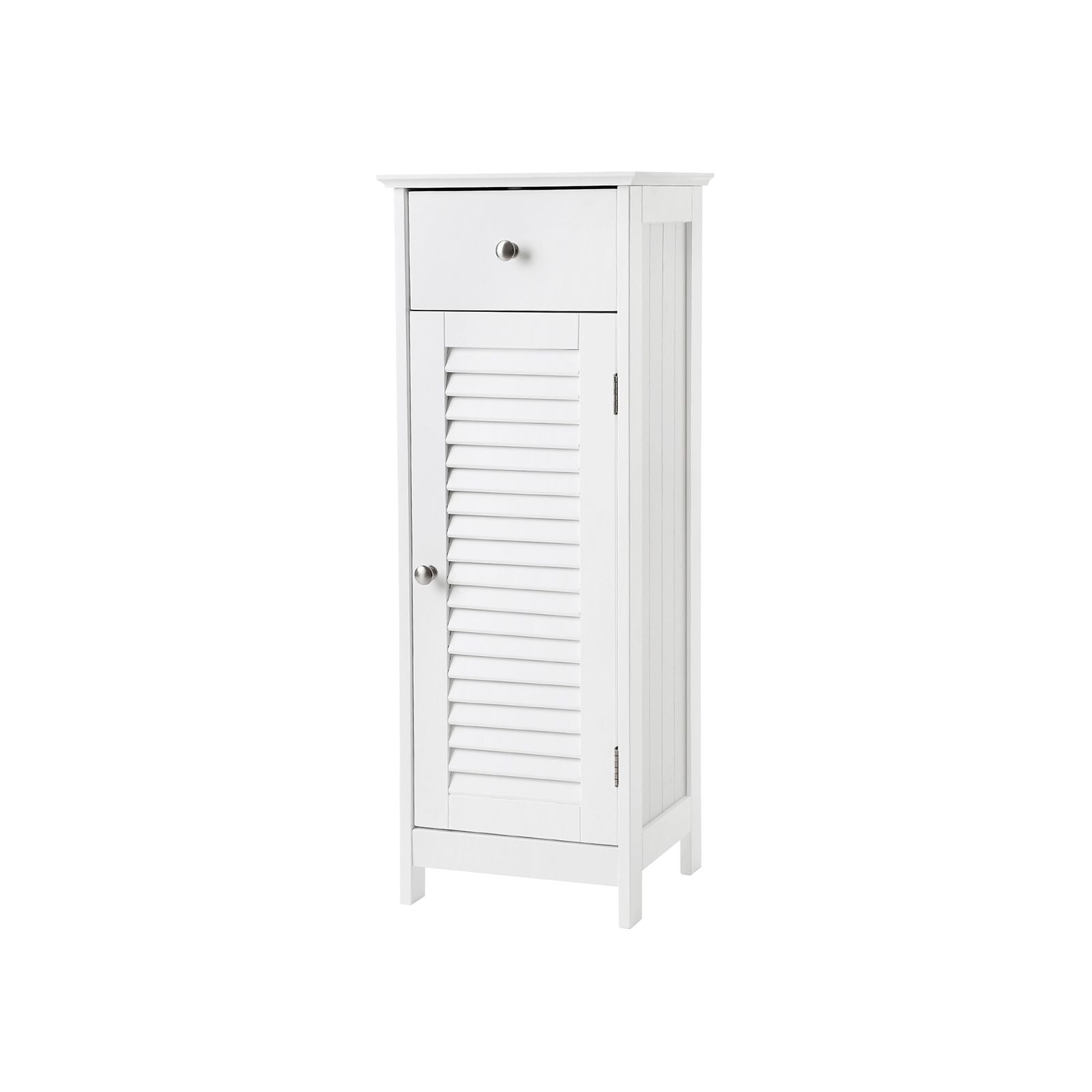 Bathroom Cabinet – Wooden – White – Free Standing with Shutter Door and Drawer