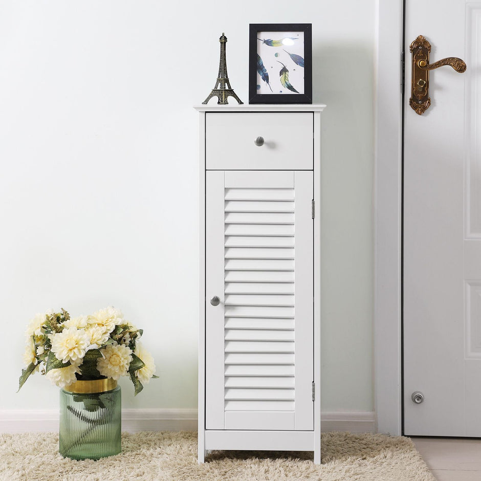 Bathroom Cabinet – Wooden – White – Free Standing with Shutter Door and Drawer
