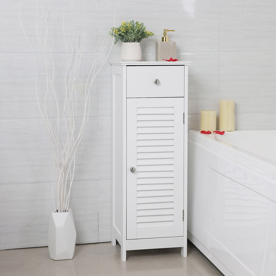 Bathroom Cabinet – Wooden – White – Free Standing with Shutter Door and Drawer
