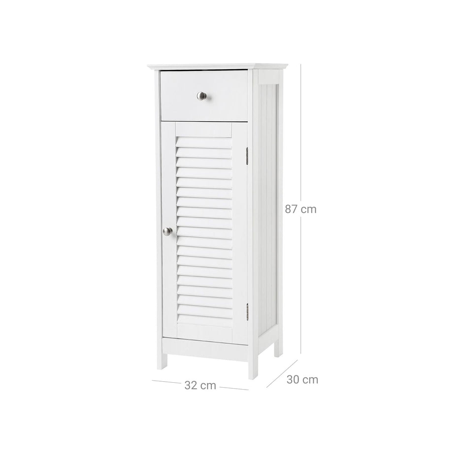 Bathroom Cabinet – Wooden – White – Free Standing with Shutter Door and Drawer