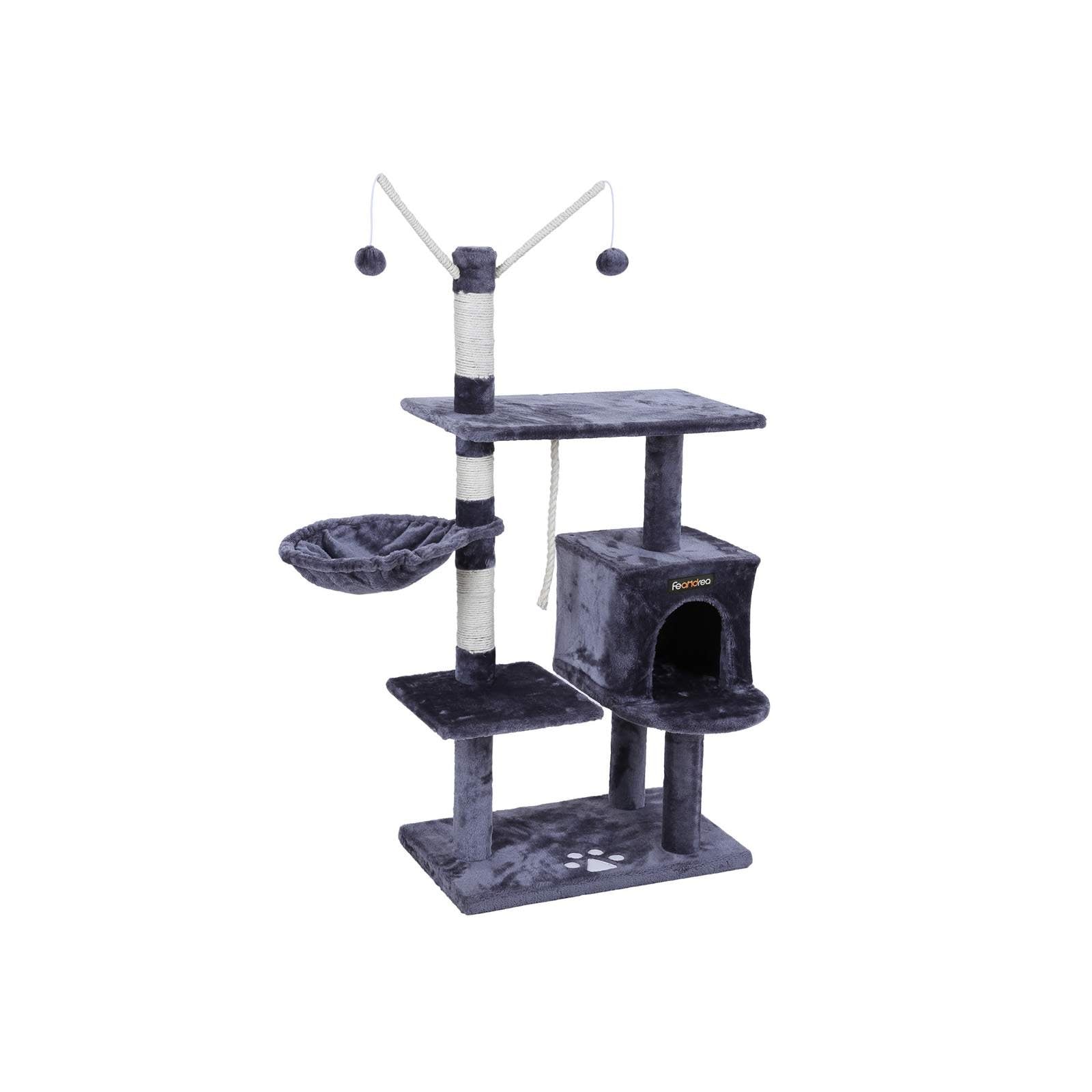 Cat Tree – Engineered Wood – Grey – Features Large Platform and Decorative Balls