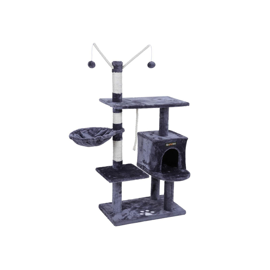 Cat Tree – Engineered Wood – Grey – Features Large Platform and Decorative Balls