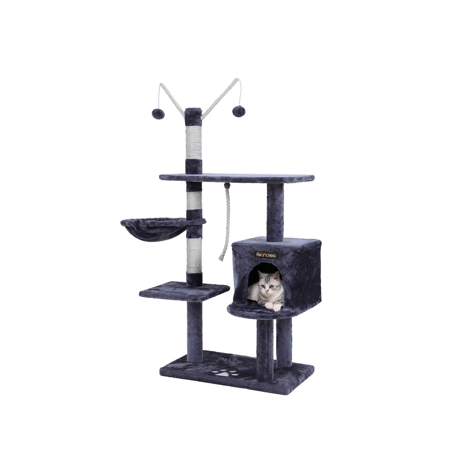 Cat Tree – Engineered Wood – Grey – Features Large Platform and Decorative Balls