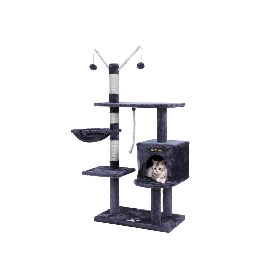 Cat Tree – Engineered Wood – Grey – Features Large Platform and Decorative Balls