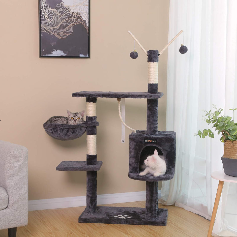 Cat Tree – Engineered Wood – Grey – Features Large Platform and Decorative Balls