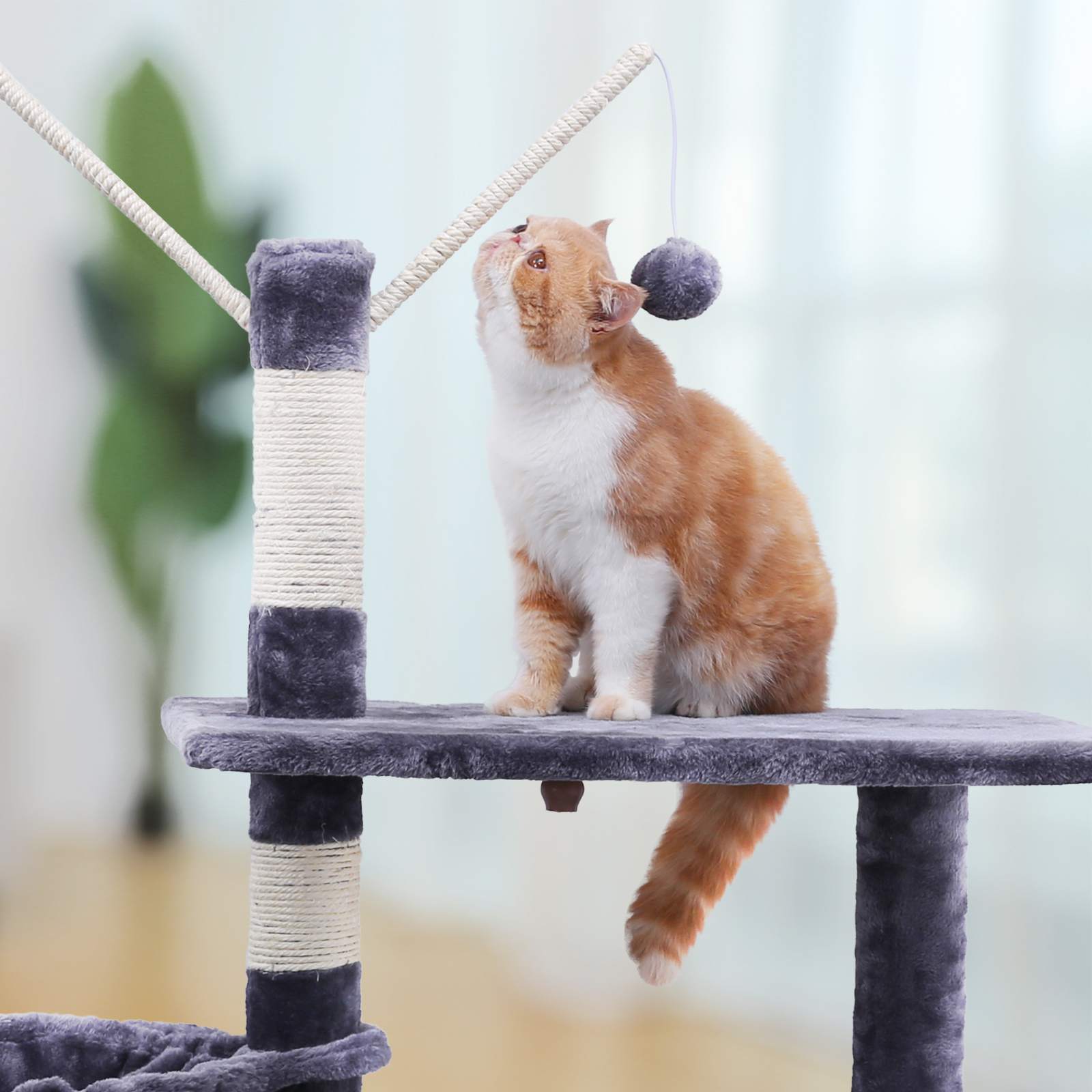 Cat Tree – Engineered Wood – Grey – Features Large Platform and Decorative Balls