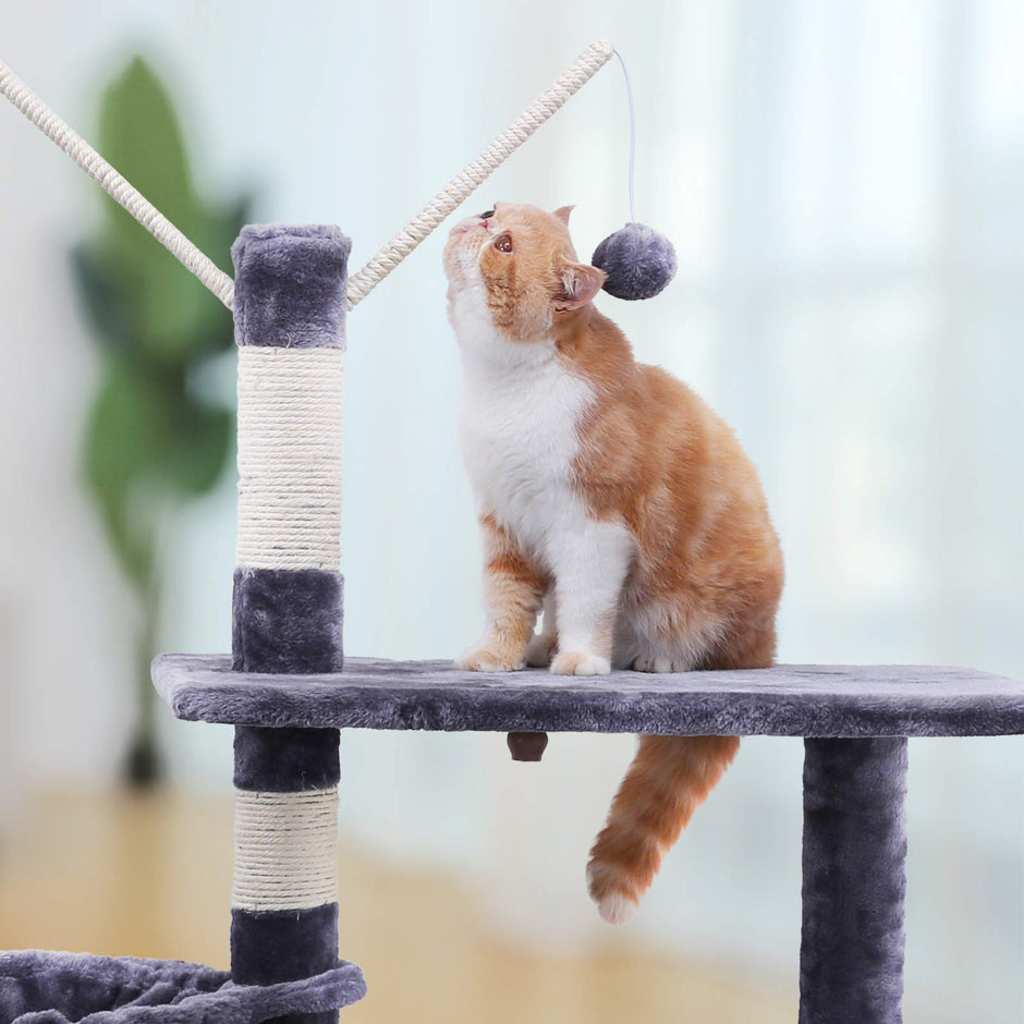 Cat Tree – Engineered Wood – Grey – Features Large Platform and Decorative Balls