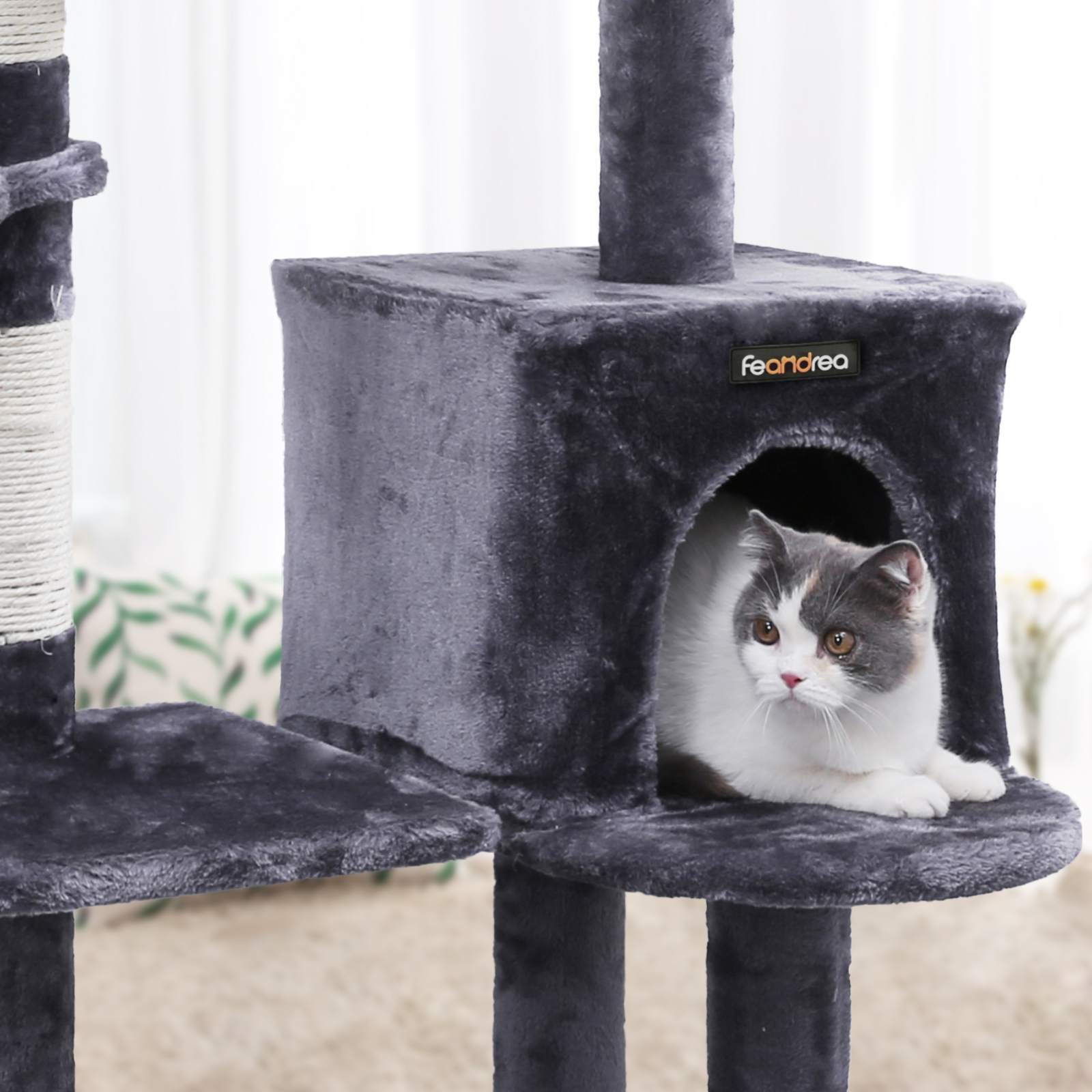 Cat Tree – Engineered Wood – Grey – Features Large Platform and Decorative Balls