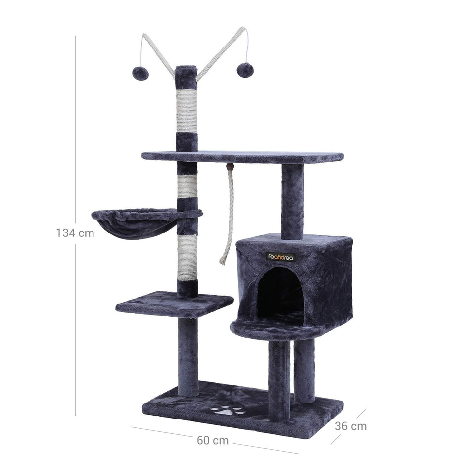 Cat Tree – Engineered Wood – Grey – Features Large Platform and Decorative Balls
