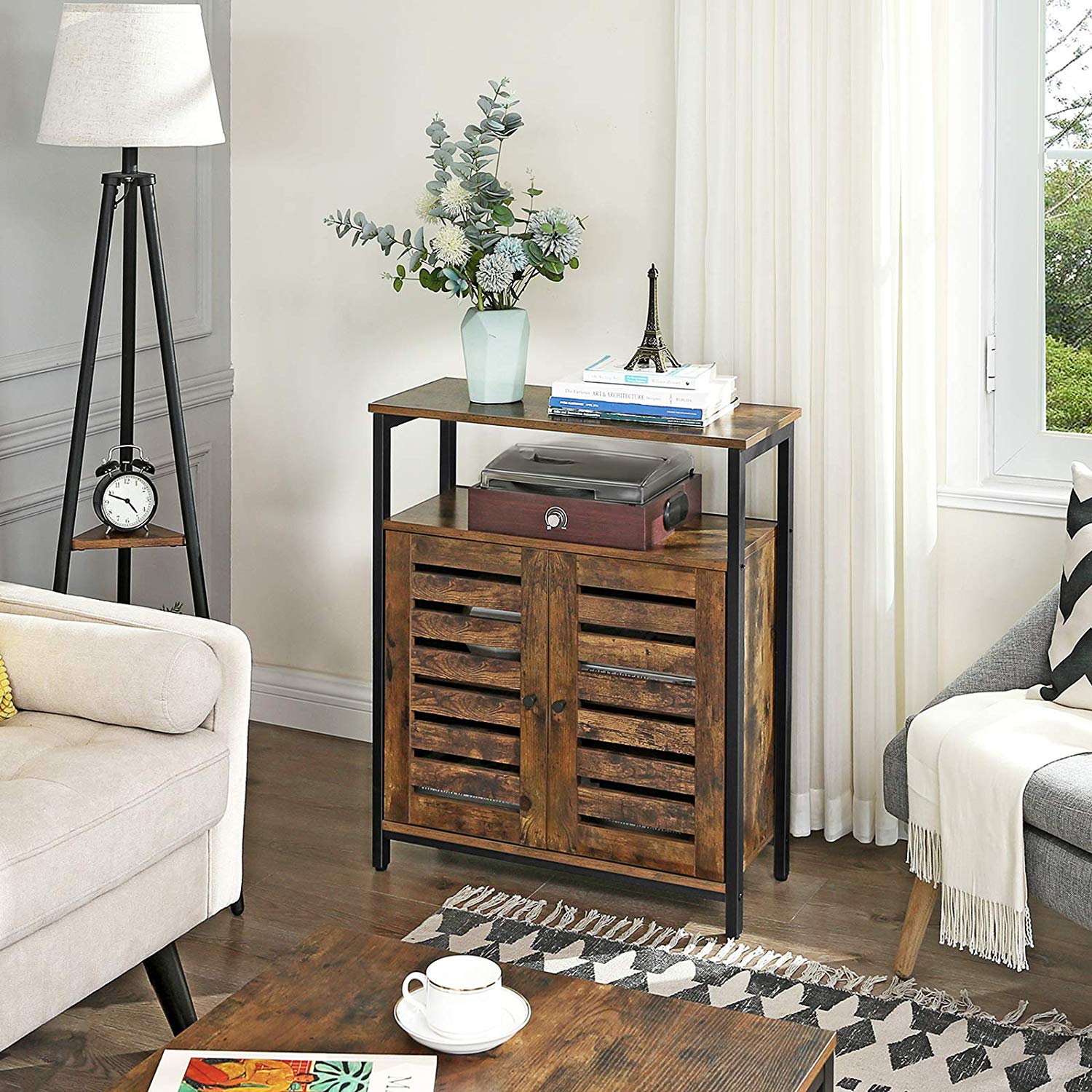 Side Cabinet – Wood – Rustic Brown – Multifunctional with Louvred Doors