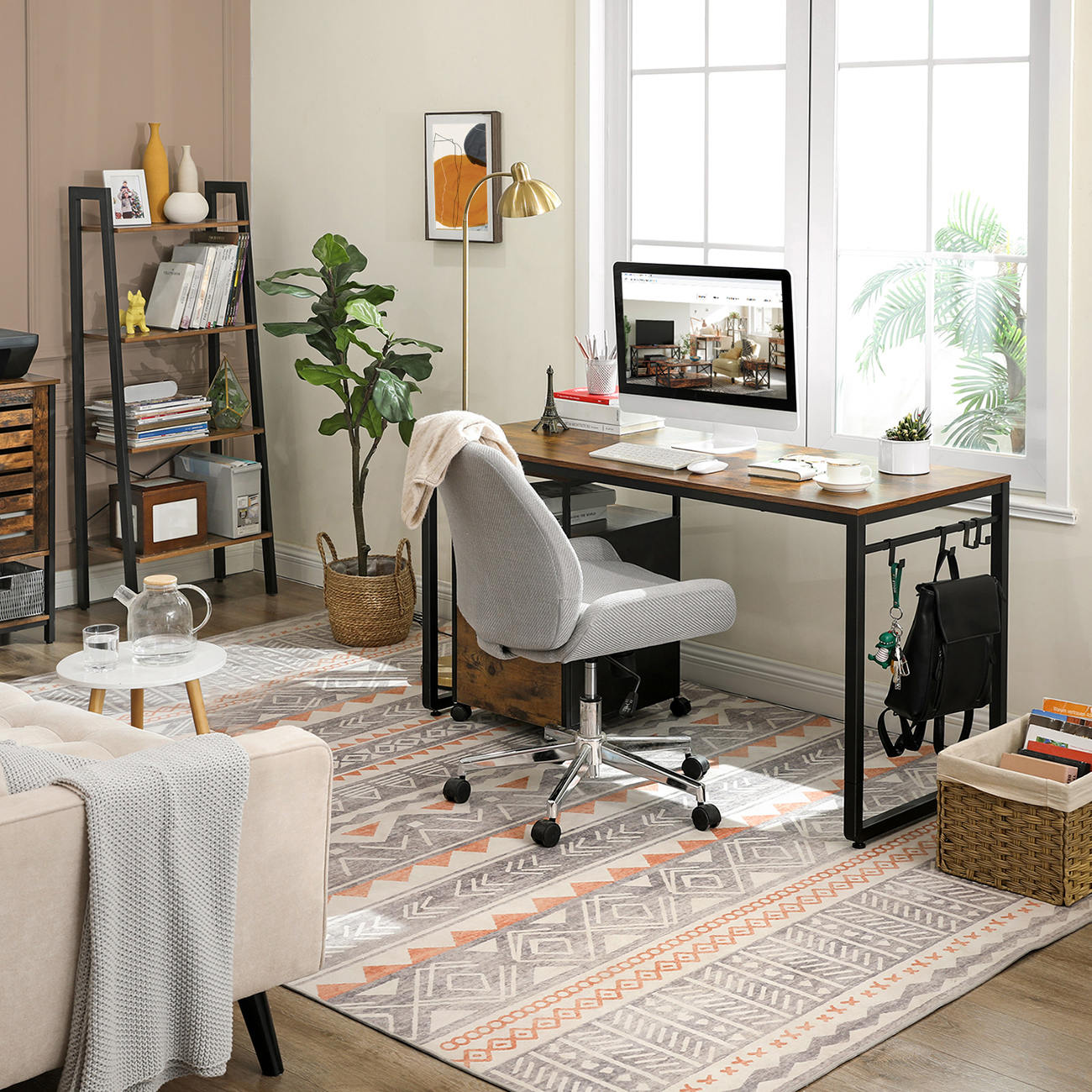 Office Desk – Metal – Rustic Brown and Black – Features 8 Hooks, Easy Assembly