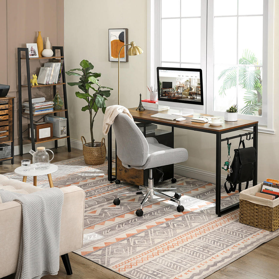 Office Desk – Metal – Rustic Brown and Black – Features 8 Hooks, Easy Assembly
