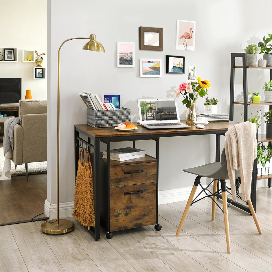 Office Desk – Metal – Rustic Brown and Black – Features 8 Hooks, Easy Assembly