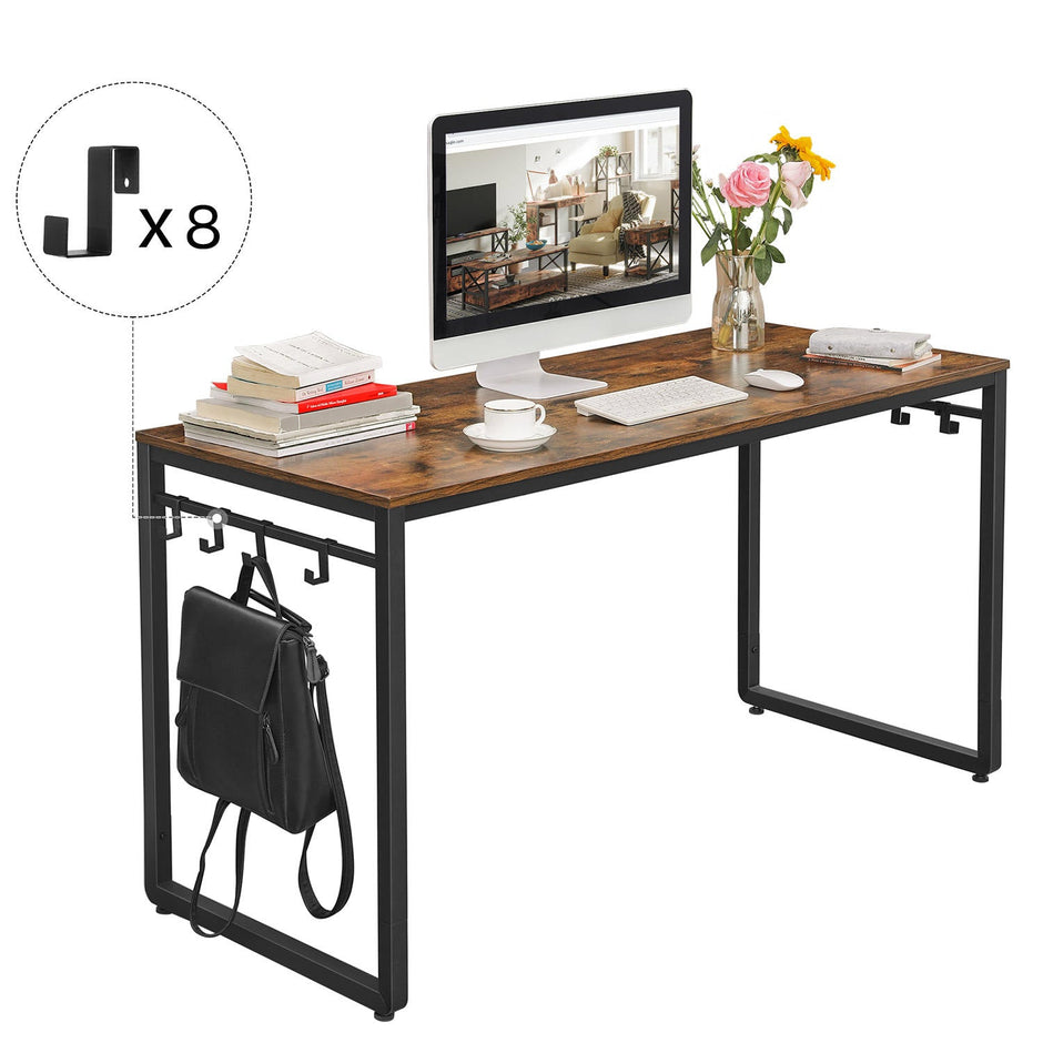 Office Desk – Metal – Rustic Brown and Black – Features 8 Hooks, Easy Assembly