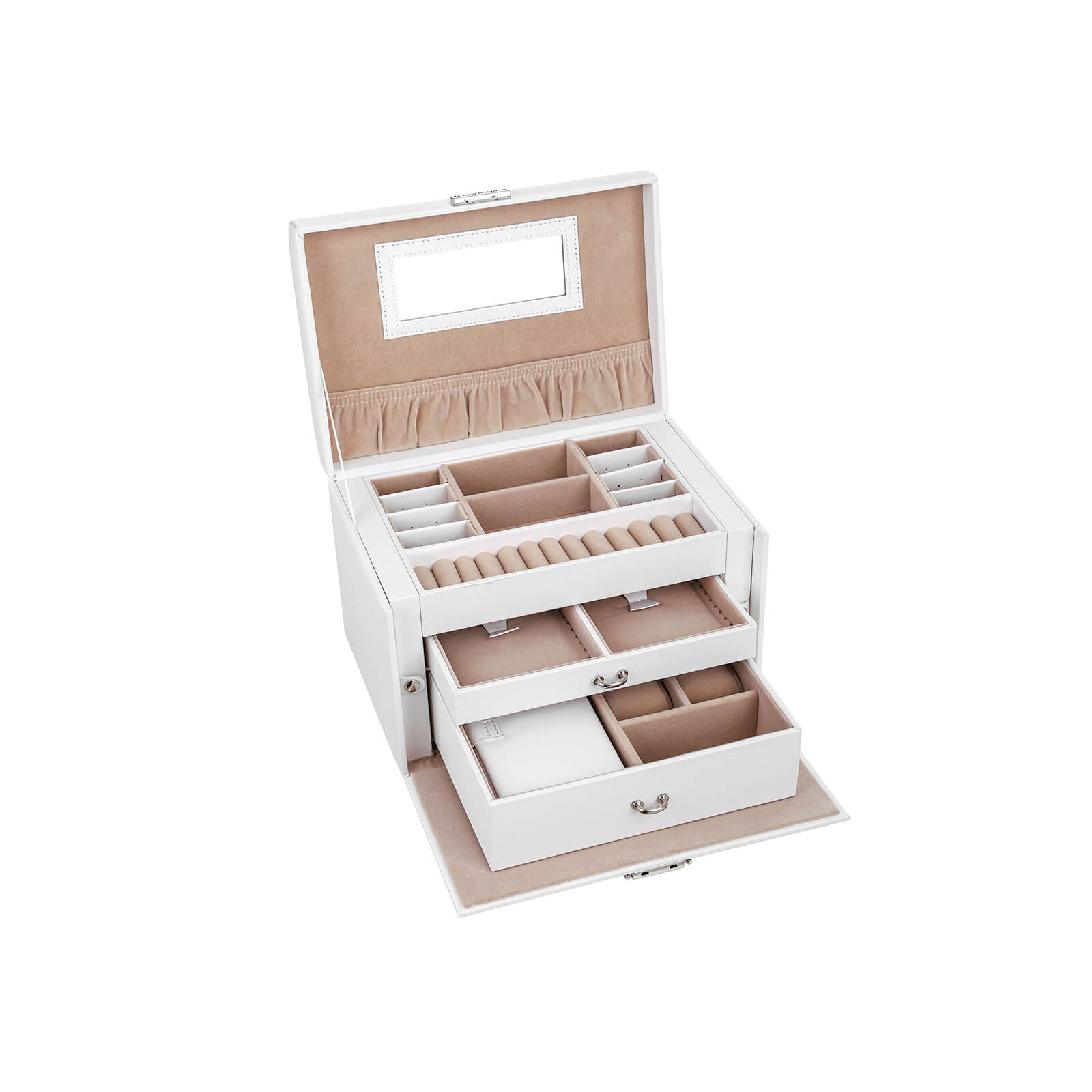Jewellery Box – Velvet – White – Lockable with Mirror and 2 Drawers