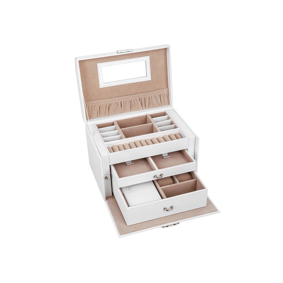 Jewellery Box – Velvet – White – Lockable with Mirror and 2 Drawers