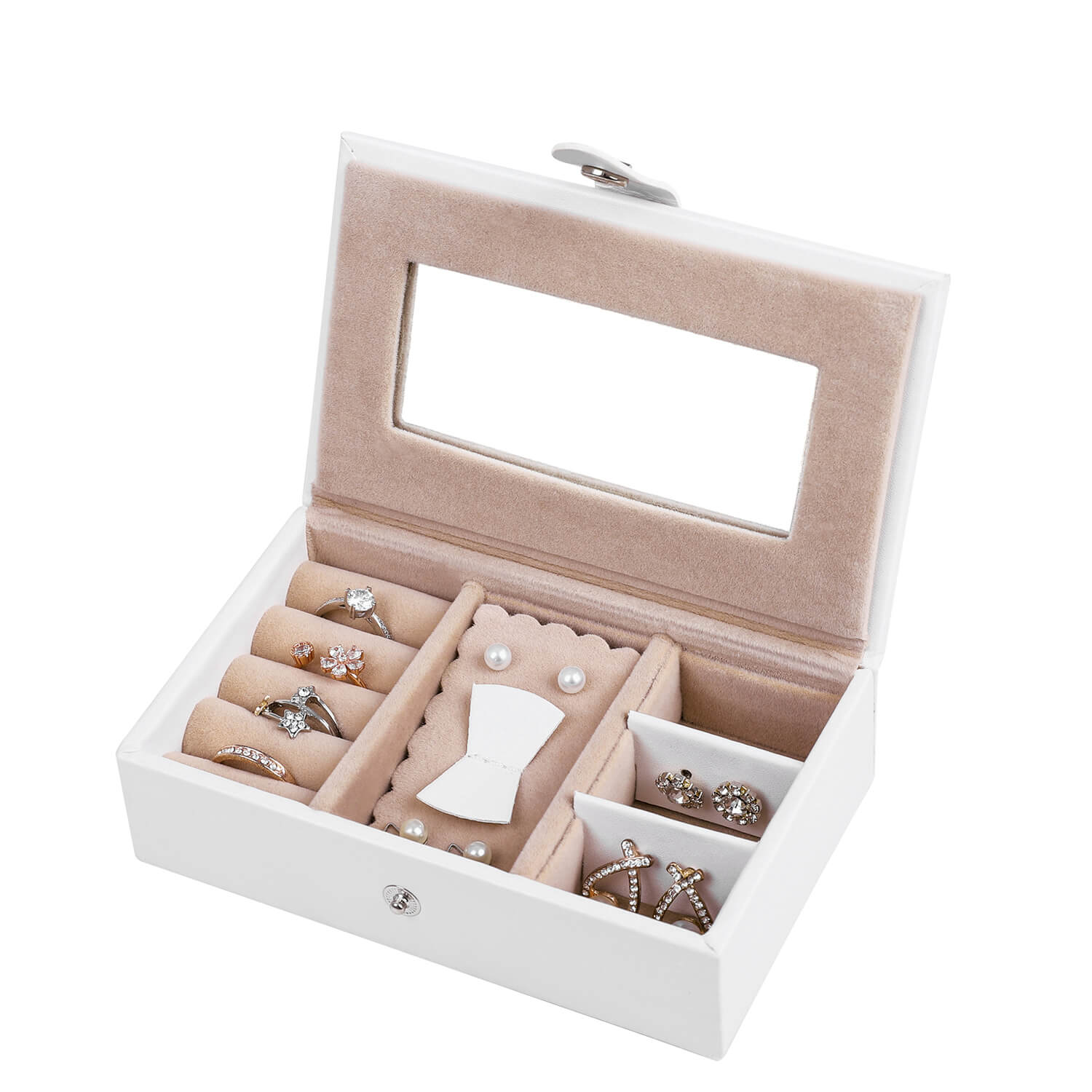 Jewellery Box – Velvet – White – Lockable with Mirror and 2 Drawers