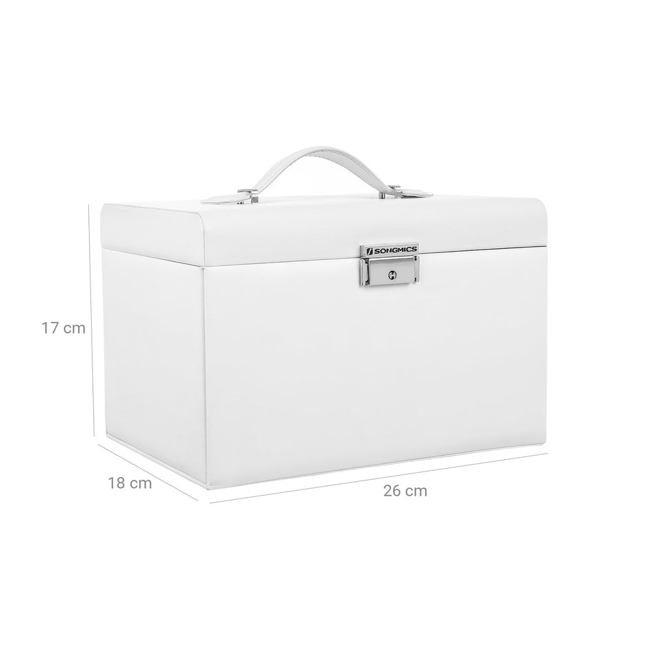 Jewellery Box – Velvet – White – Lockable with Mirror and 2 Drawers