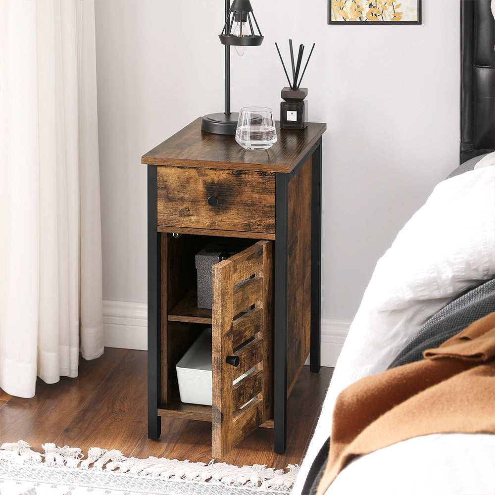 Narrow Side Table – Metal and Wood – Rustic Brown and Black – Shutter Door Design