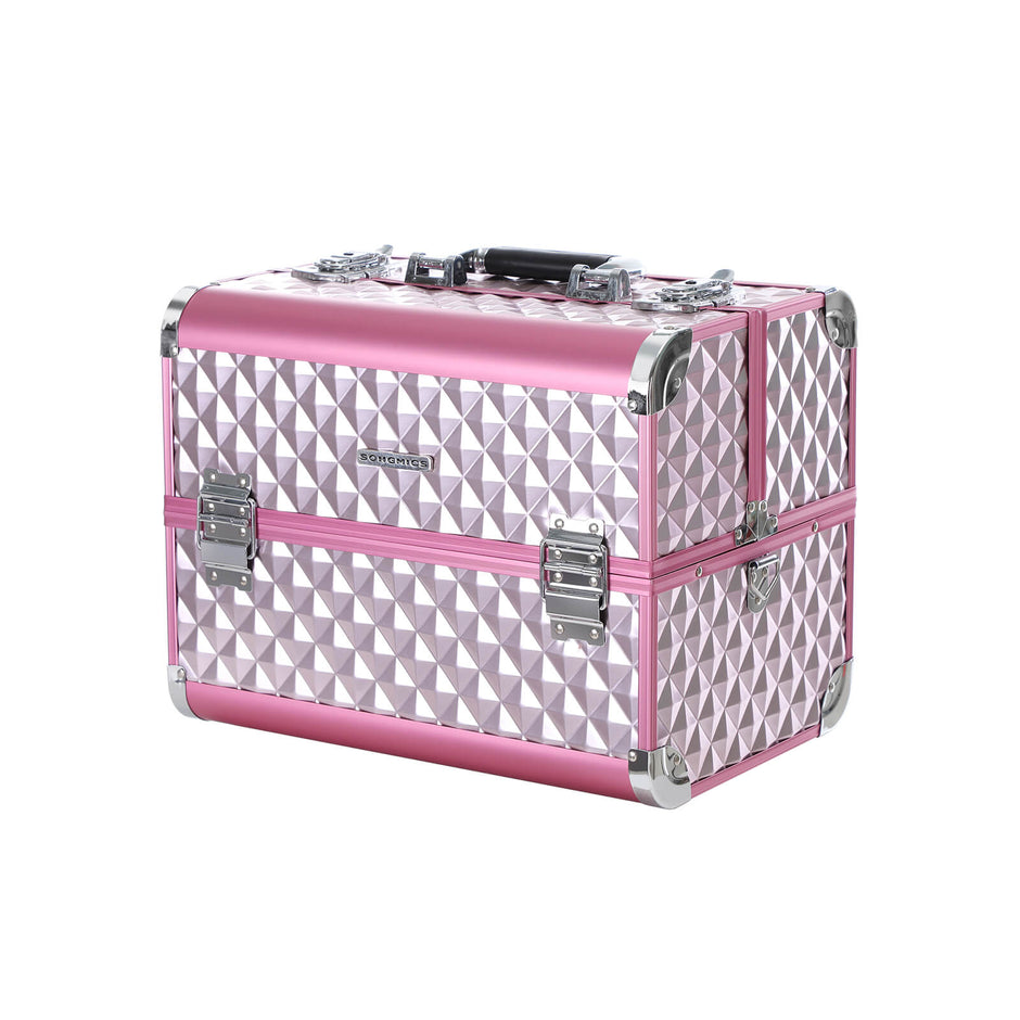 Cosmetic Case – Fabric – Silver Pink – Large with Diamond Pattern for Makeup and Accessories