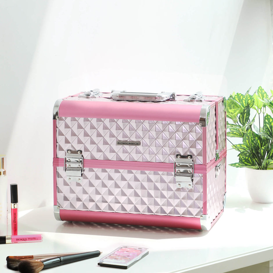 Cosmetic Case – Fabric – Silver Pink – Large with Diamond Pattern for Makeup and Accessories