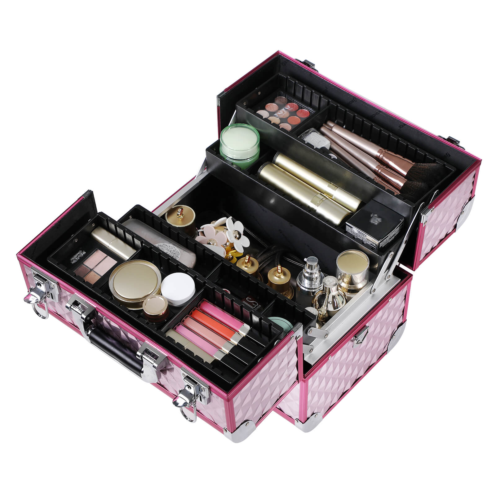 Cosmetic Case – Fabric – Silver Pink – Large with Diamond Pattern for Makeup and Accessories