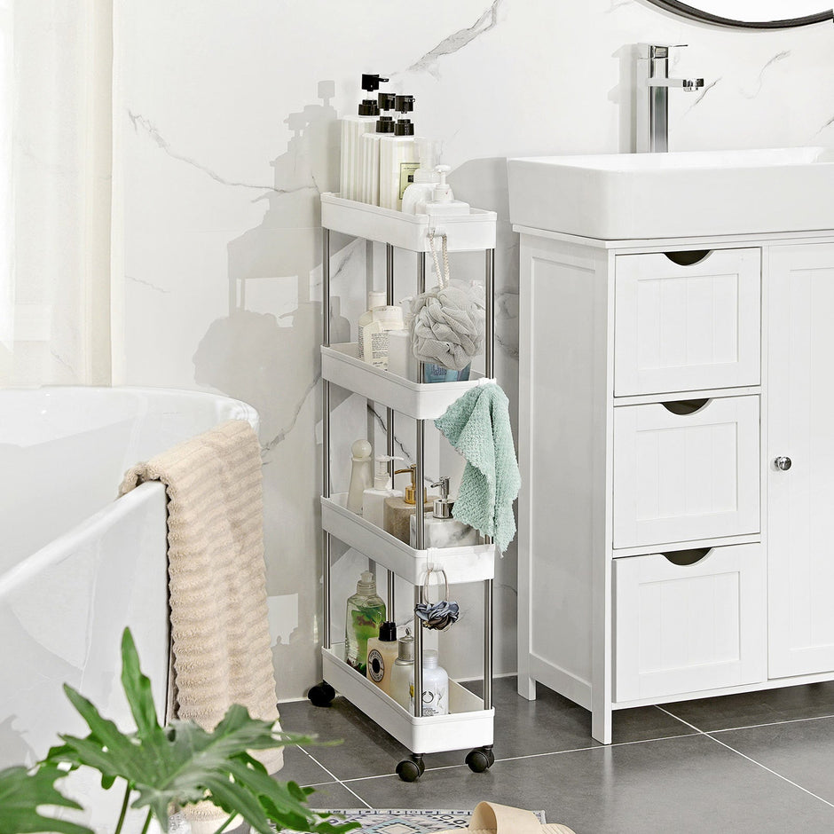Slide Out Storage Trolley – Metal – White – 4-Tier Rolling Cart with Wheels
