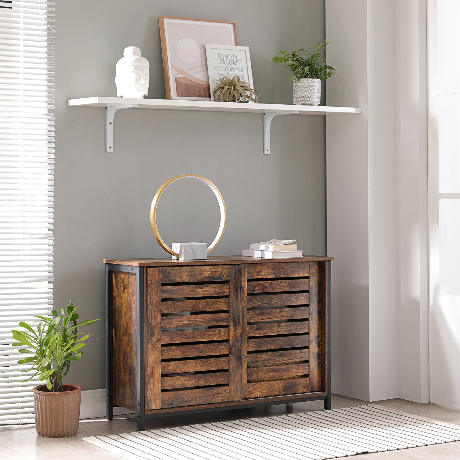 Kitchen Cabinet – Steel Frame – Rustic Brown and Black – Sliding Doors, Industrial Style