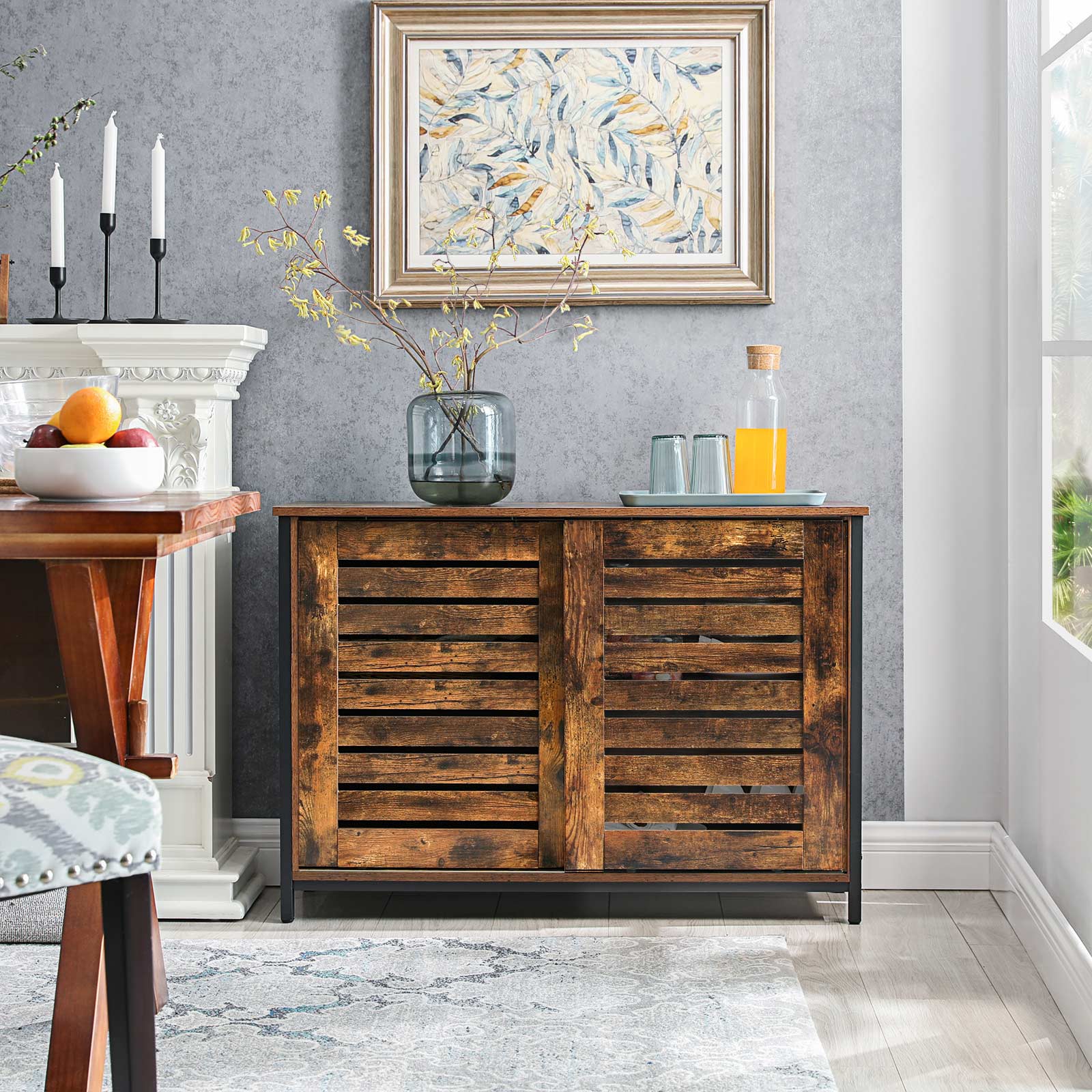 Kitchen Cabinet – Steel Frame – Rustic Brown and Black – Sliding Doors, Industrial Style