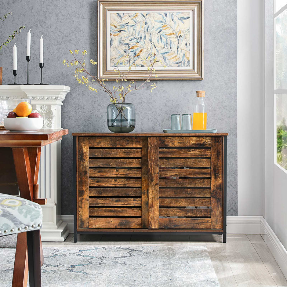 Kitchen Cabinet – Steel Frame – Rustic Brown and Black – Sliding Doors, Industrial Style