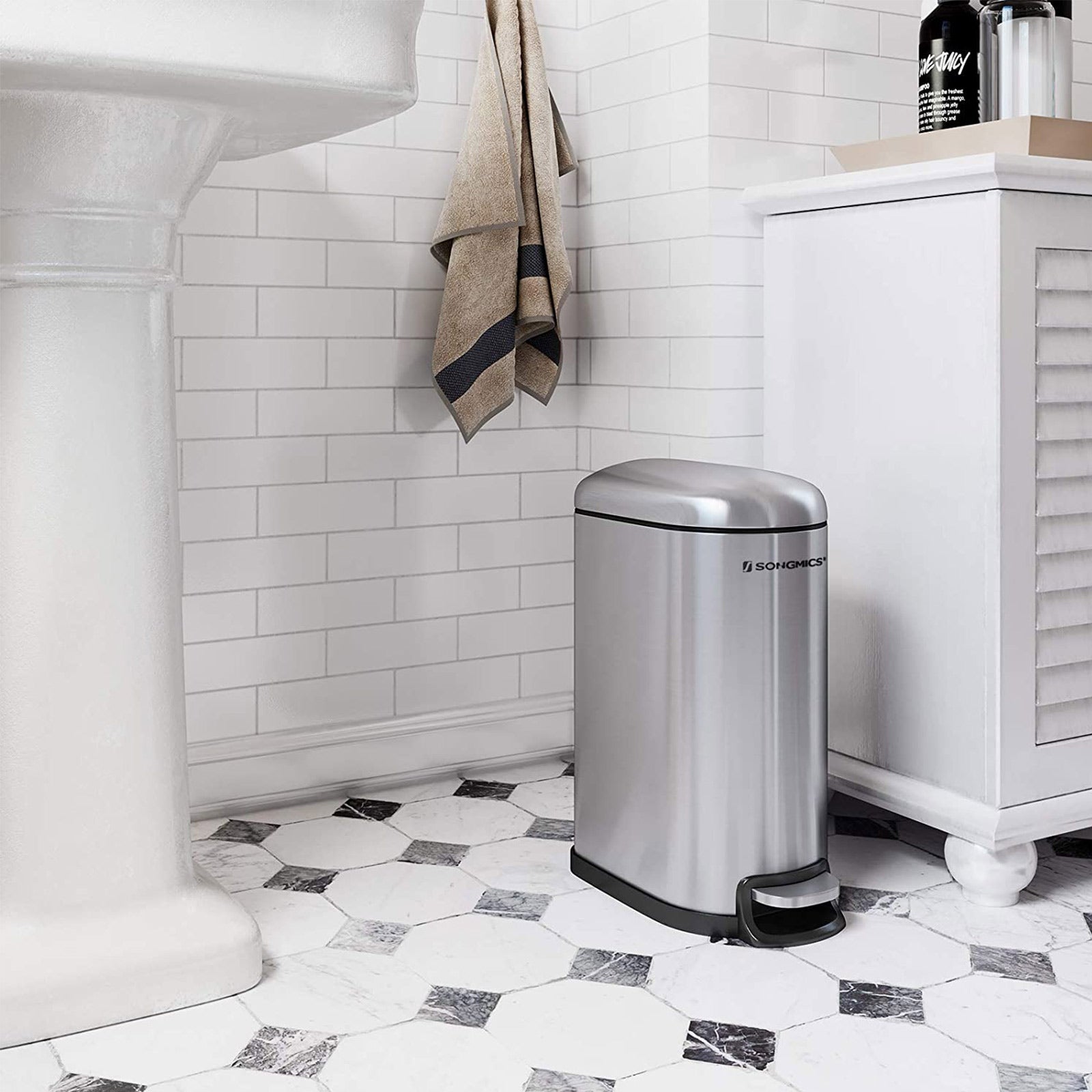 Slim Pedal Trash Can – Steel – Silver – 10L Capacity with Removable Inner Bucket and Slow Close Feature