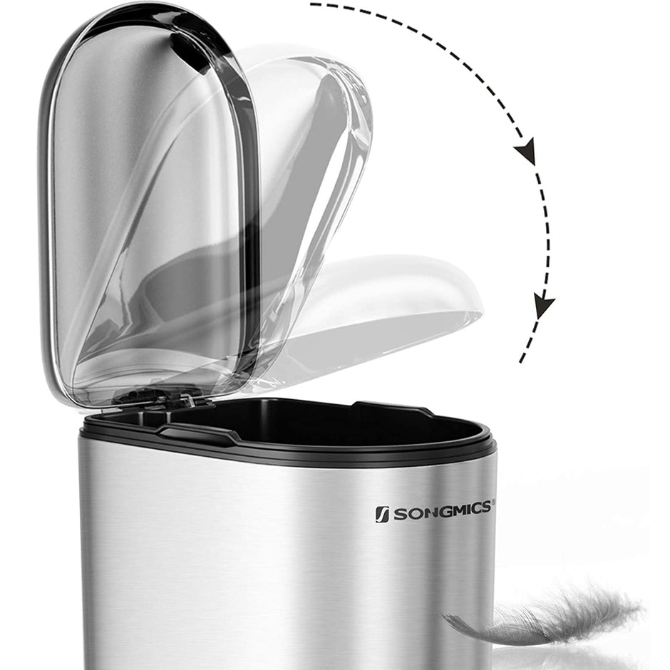 Slim Pedal Trash Can – Steel – Silver – 10L Capacity with Removable Inner Bucket and Slow Close Feature