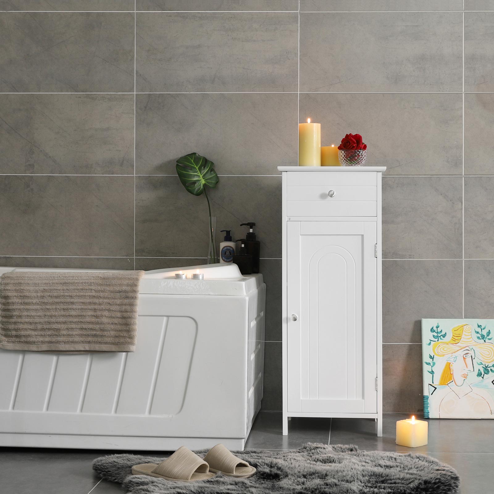 Bathroom Cabinet – Wood – White – Adjustable Shelf and Drawer Storage