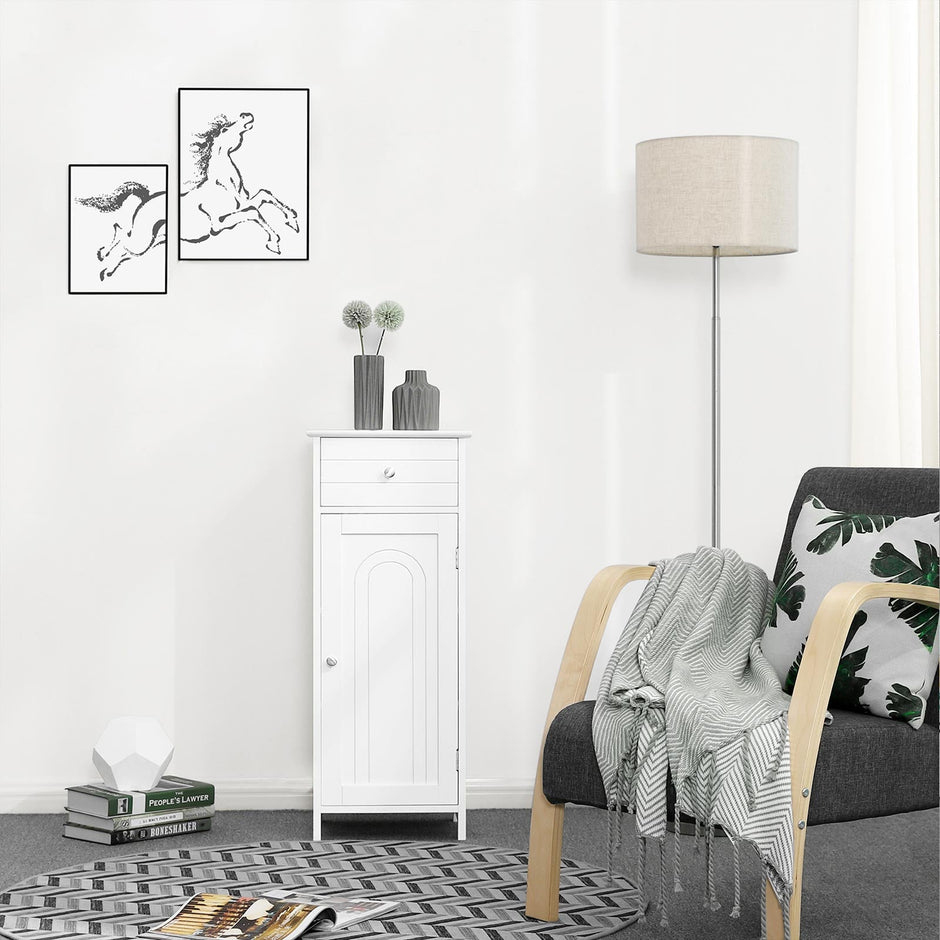 Bathroom Cabinet – Wood – White – Adjustable Shelf and Drawer Storage