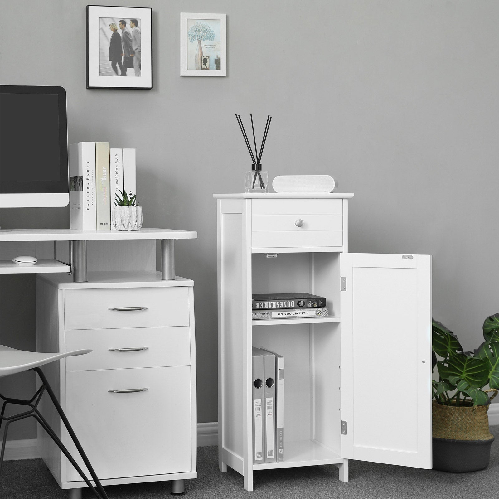 Bathroom Cabinet – Wood – White – Adjustable Shelf and Drawer Storage