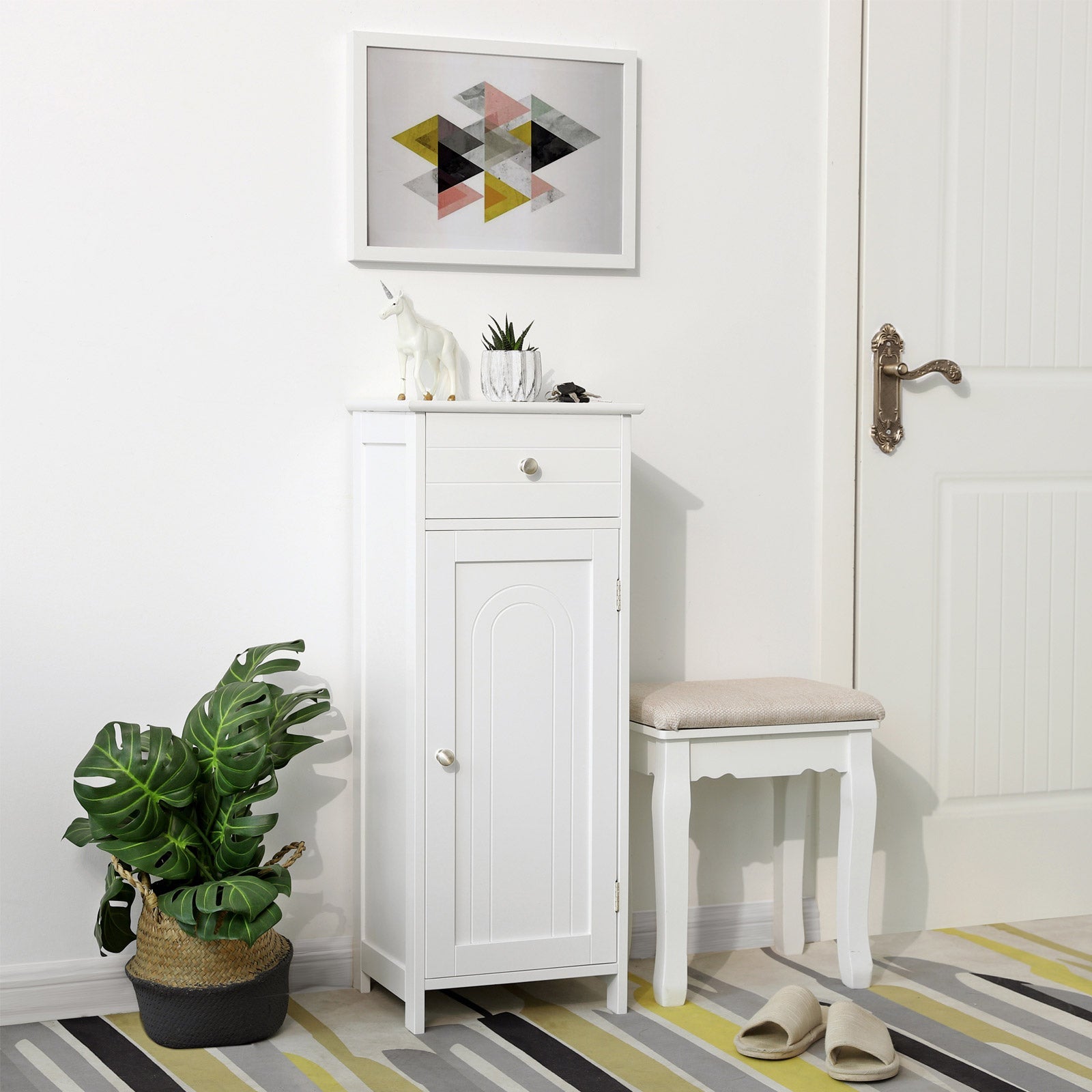 Bathroom Cabinet – Wood – White – Adjustable Shelf and Drawer Storage