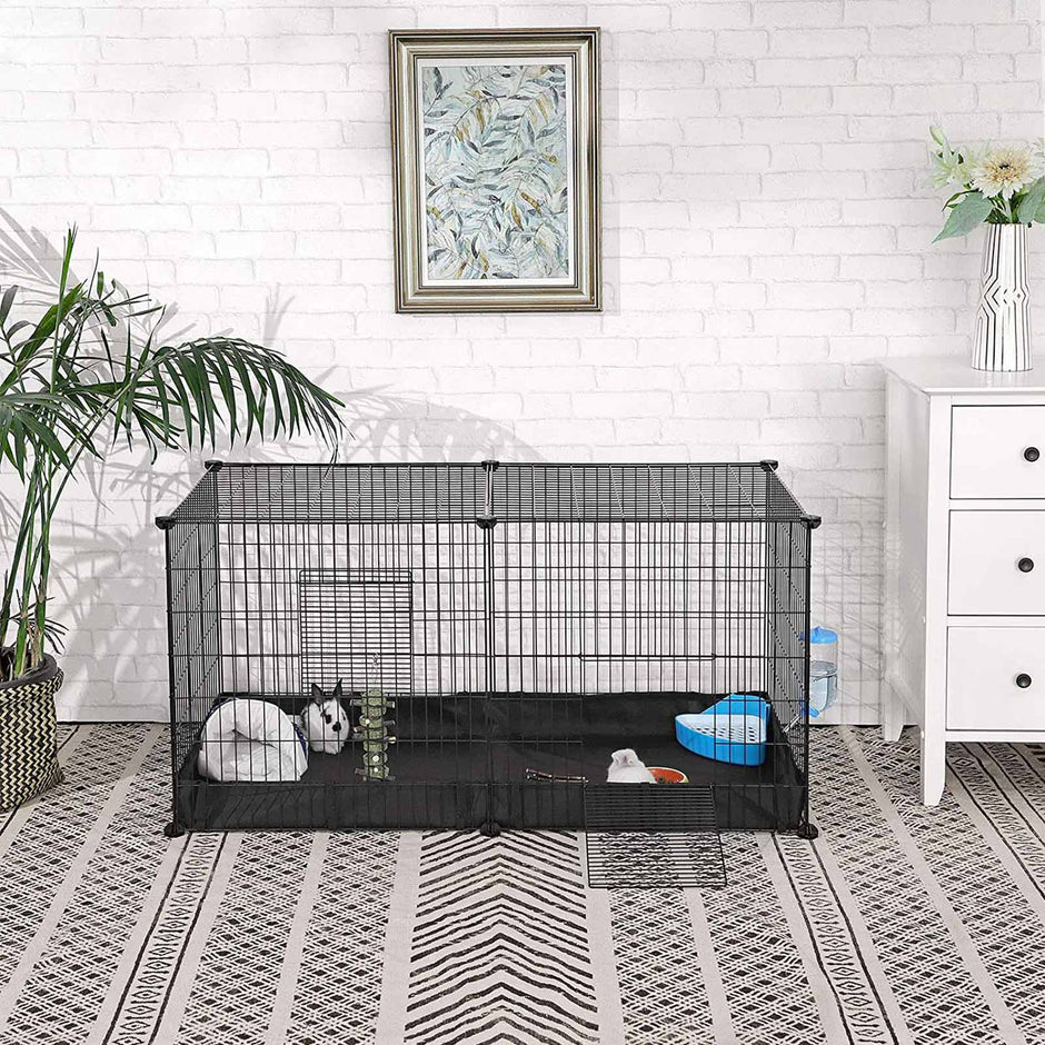 Small Animal Cage – Metal – Black – Large Indoor Playpen with Oxford Mat and 2 Doors