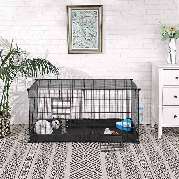 Small Animal Cage – Metal – Black – Large Indoor Playpen with Oxford Mat and 2 Doors