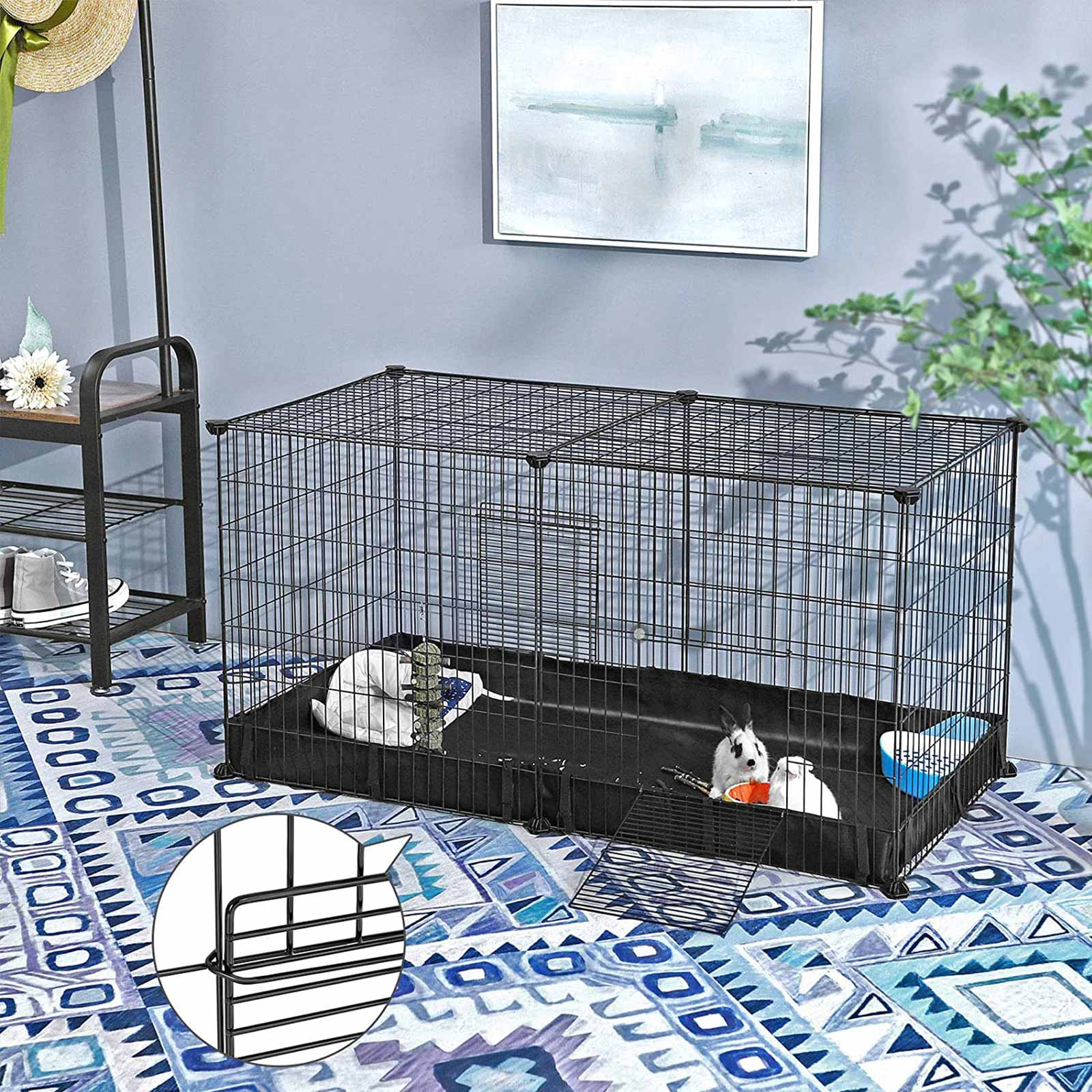 Small Animal Cage – Metal – Black – Large Indoor Playpen with Oxford Mat and 2 Doors
